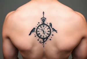 Small for arm of 
One color and rest black and white incorporating 

 and tiny little black birds and a clock tattoo idea