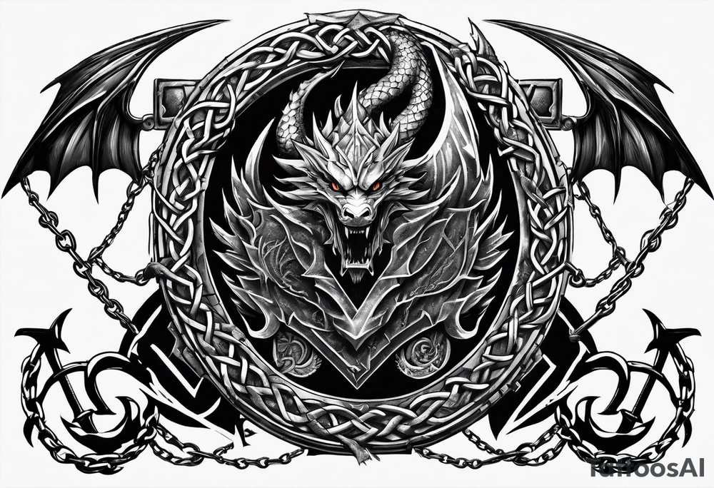 Valhalla sword shield dragon axe Valknut barbed wire chains tattoo idea