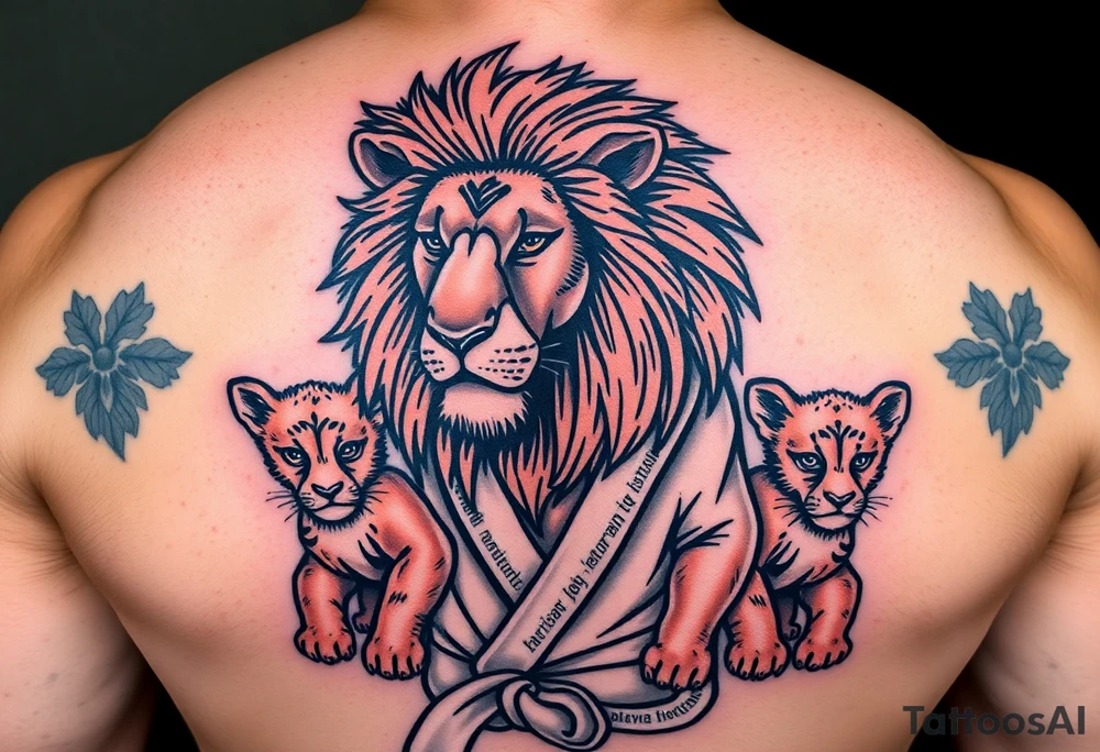 Lion wearing a Brazilian jiu jitsu gi as a person would along side his two cubs who are wearing the same attire. The surrounding area is the sarenghetti tattoo idea