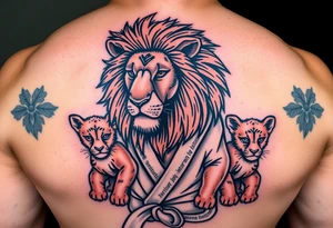 Lion wearing a Brazilian jiu jitsu gi as a person would along side his two cubs who are wearing the same attire. The surrounding area is the sarenghetti tattoo idea