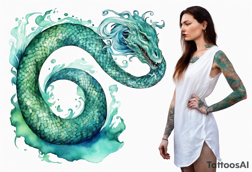 a sea serpent next to a women with blue-green in a white tunic tattoo idea