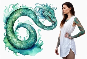 a sea serpent next to a women with blue-green in a white tunic tattoo idea