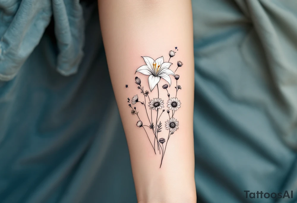 stargazer lillies in white with small sunflowers and poppies in a dainty wildflower bouquet with stems tattoo idea