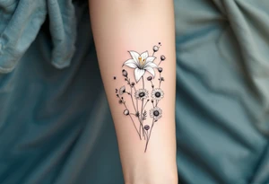 stargazer lillies in white with small sunflowers and poppies in a dainty wildflower bouquet with stems tattoo idea