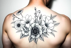 Bouquet made of daisy, Lilly of the valley, rose, poppy with exotic foliage like fern leaves and Monstera for arm sleeve
Make them more visible tattoo idea