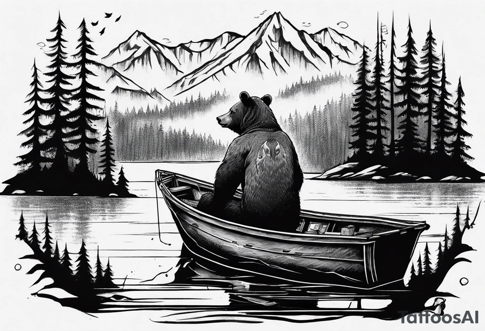 bear, forest, lake, small man on a fishing boat, appalachia, arm sleeve tattoo tattoo idea