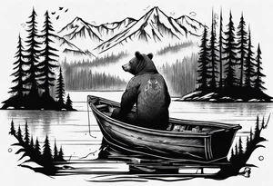 bear, forest, lake, small man on a fishing boat, appalachia, arm sleeve tattoo tattoo idea