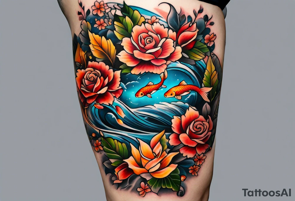 thigh tattoo with fall colors showing, leaves, koi fish, small flowers, roses, water flow, and sky tattoo idea