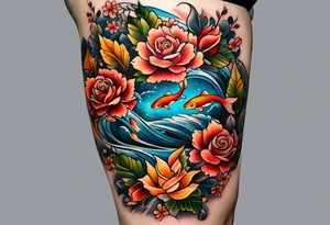 thigh tattoo with fall colors showing, leaves, koi fish, small flowers, roses, water flow, and sky tattoo idea