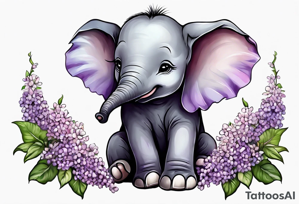 Baby elephant sitting with lilacs in its trunk tattoo idea