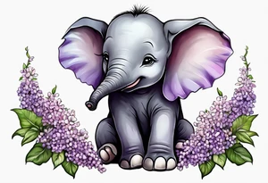 Baby elephant sitting with lilacs in its trunk tattoo idea