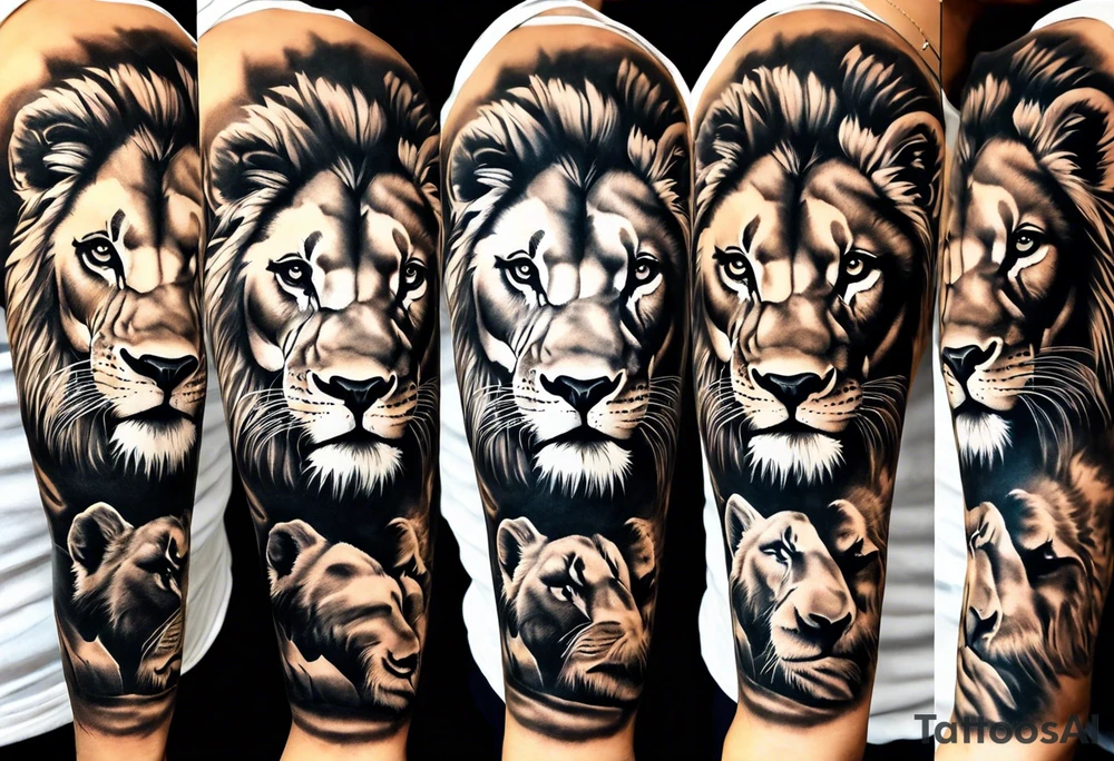 Full sleeve tattoo depicting a large lion protecting his lioness and 6 lion cubs. Background should depict a safari scene tattoo idea