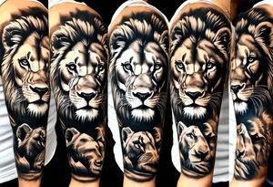 Full sleeve tattoo depicting a large lion protecting his lioness and 6 lion cubs. Background should depict a safari scene tattoo idea