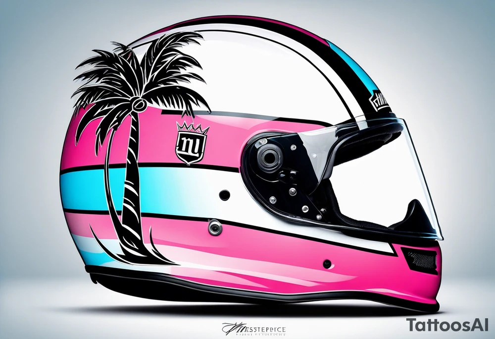 Formula 1 helment with the Miami name a palm tree and light blue black and pink colors 3/4 view tattoo idea