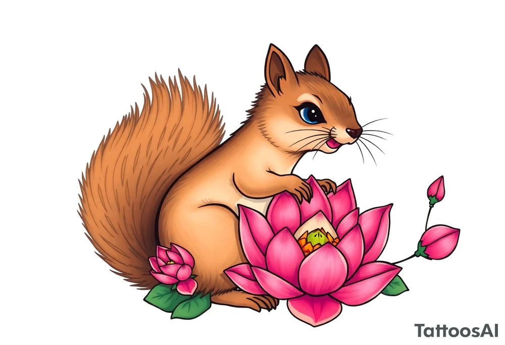 Fierce rabbid squirrel blooming lotus flowers tattoo idea