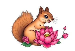 Fierce rabbid squirrel blooming lotus flowers tattoo idea