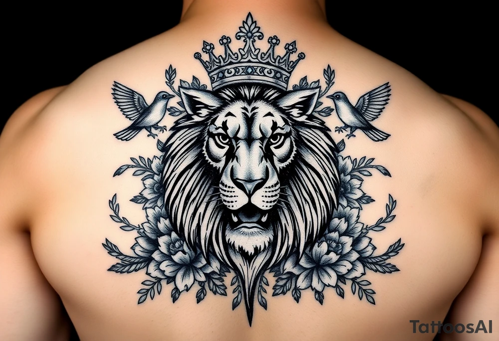 powerful majestic lion with a crown, surrounded by floral ornaments and birds tattoo idea