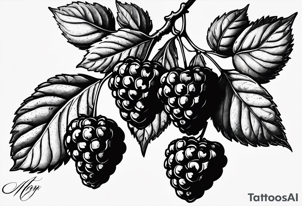 a single raspberry branch with lots of leaves that is hanging upside down with small raspberries on it tattoo idea