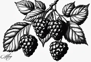 a single raspberry branch with lots of leaves that is hanging upside down with small raspberries on it tattoo idea