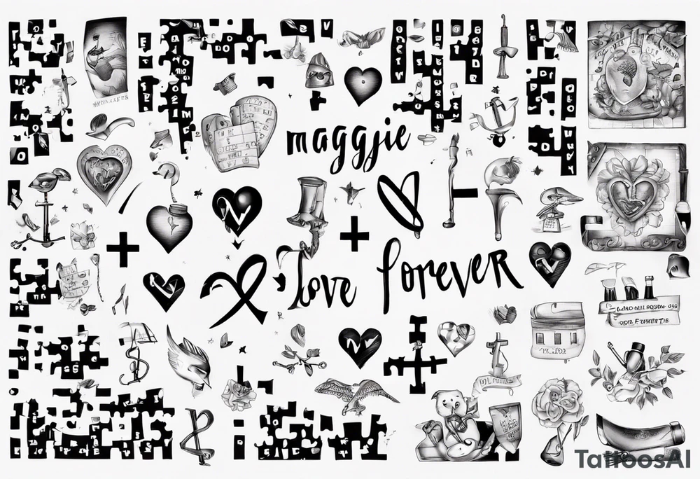 The words Maggie and Lucas and Love and Forever in a crossword puzzle tattoo idea