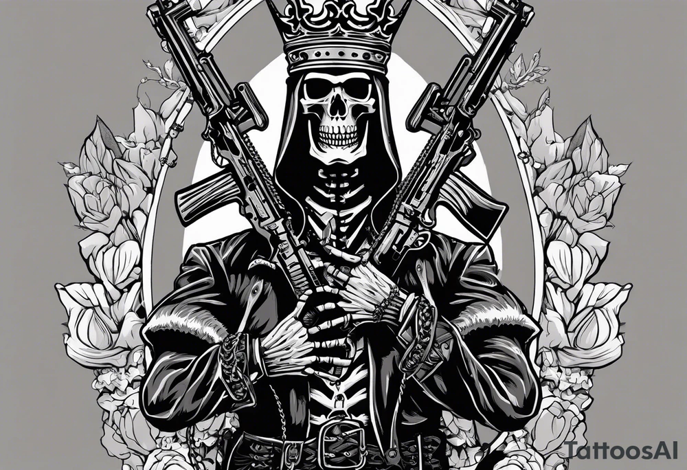 image of a skeleton standing frontally with a crown on his head, holding an AK-47 on his shoulder with his right hand. The chain on the left should be taut, there are three angry barking Dobermans in it, near the waist tattoo idea