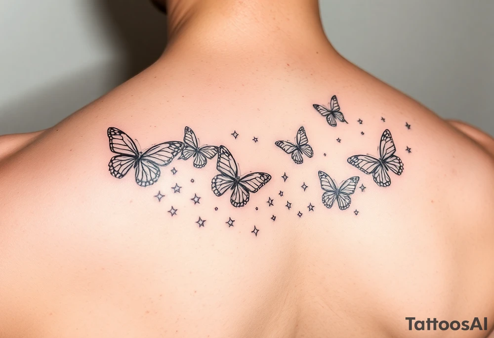 Trail of butterflies with pixie dust and shiny stars tattoo idea