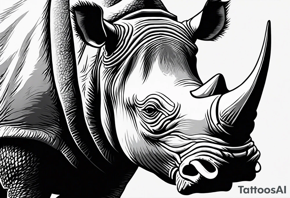 A front-facing rhino head with a sharp elongated tusk that appears angry and fierce. Ears pointed straight up and forward a bit. tattoo idea