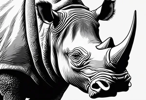 A front-facing rhino head with a sharp elongated tusk that appears angry and fierce. Ears pointed straight up and forward a bit. tattoo idea