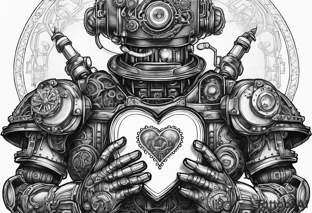 steampunk robot holding a beating heart in hands tattoo idea