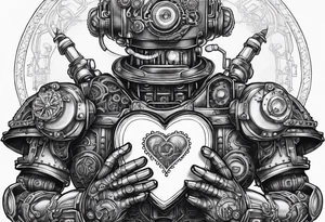 steampunk robot holding a beating heart in hands tattoo idea