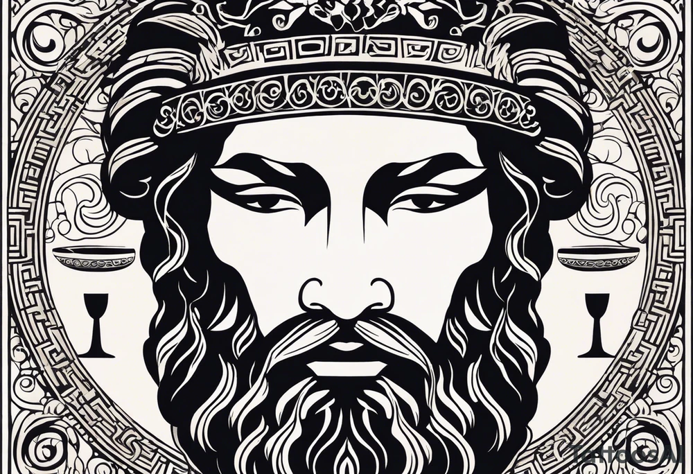 "Craft a minimalist tattoo design in the style of ancient Greek art, featuring Dionysus with his affection for theater. Depict Dionysus in a simplified yet elegant form, reminiscent of classical Greek sculpture, holding a theatrical mask and a goblet of wine. Surround him with subtle geometric patterns or motifs inspired by ancient Greek pottery, such as meanders or key patterns. Ensure the design maintains a minimalist aesthetic while incorporating elements that evoke the sophistication and timelessness of Greek art, capturing Dionysus's connection to both wine and theater in a visually striking manner." tattoo idea