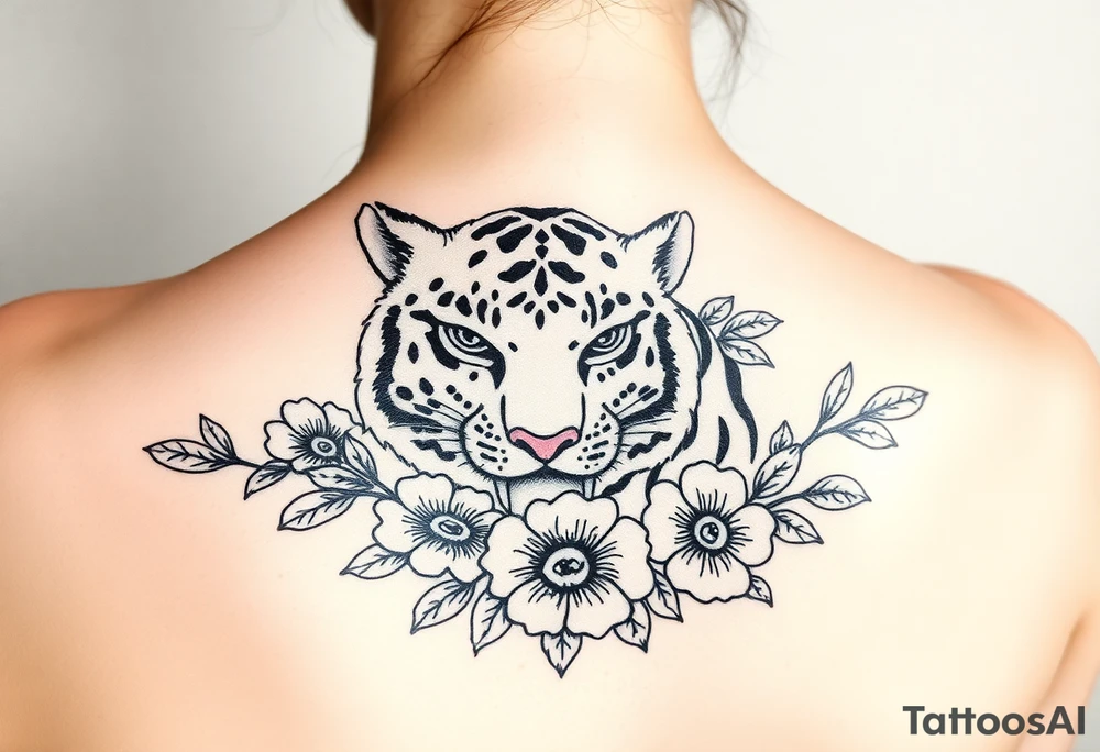 a whole tiger with some flowers around it tattoo idea