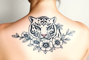 a whole tiger with some flowers around it tattoo idea