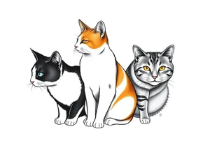 three cats, one black and white cat, one orange and white cat and one grey tabby cat tattoo idea