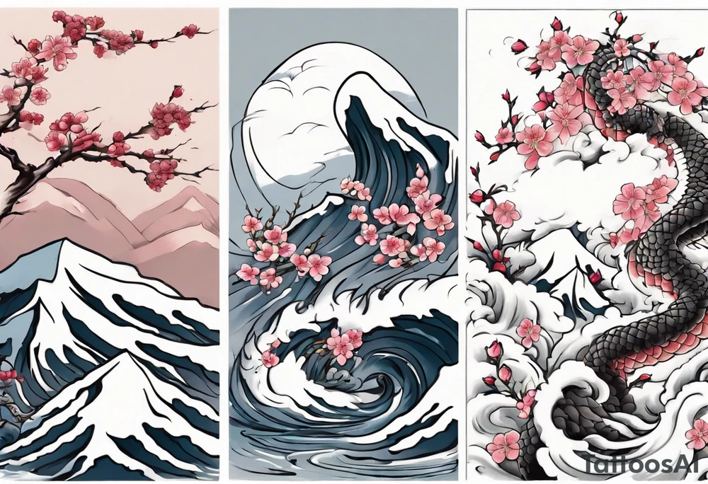 Japanese floral cherry blossom and snow mountains back ground filler for traditional Chinese dragon and great waves and rose and butterfly tattoo tattoo idea