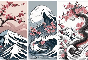 Japanese floral cherry blossom and snow mountains back ground filler for traditional Chinese dragon and great waves and rose and butterfly tattoo tattoo idea