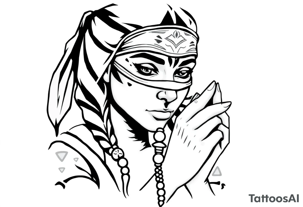 Ahsoka praying with rosary in hands and bandana over face tattoo idea