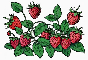 Strawberry plants, raspberry plants, blackberry plants with flowers in bold colors tattoo idea