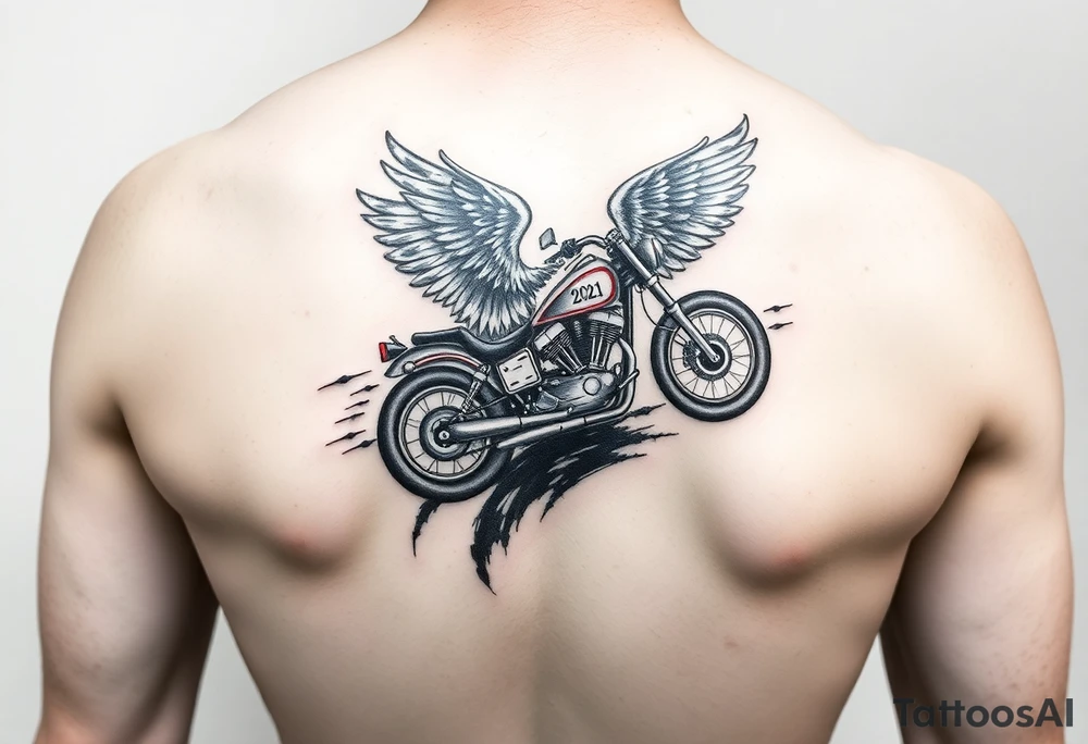 Dale Earnhardt car on it with the year 1958 - 2021 intertwined with a motorcycle on it with guardian angel wolves tattoo idea