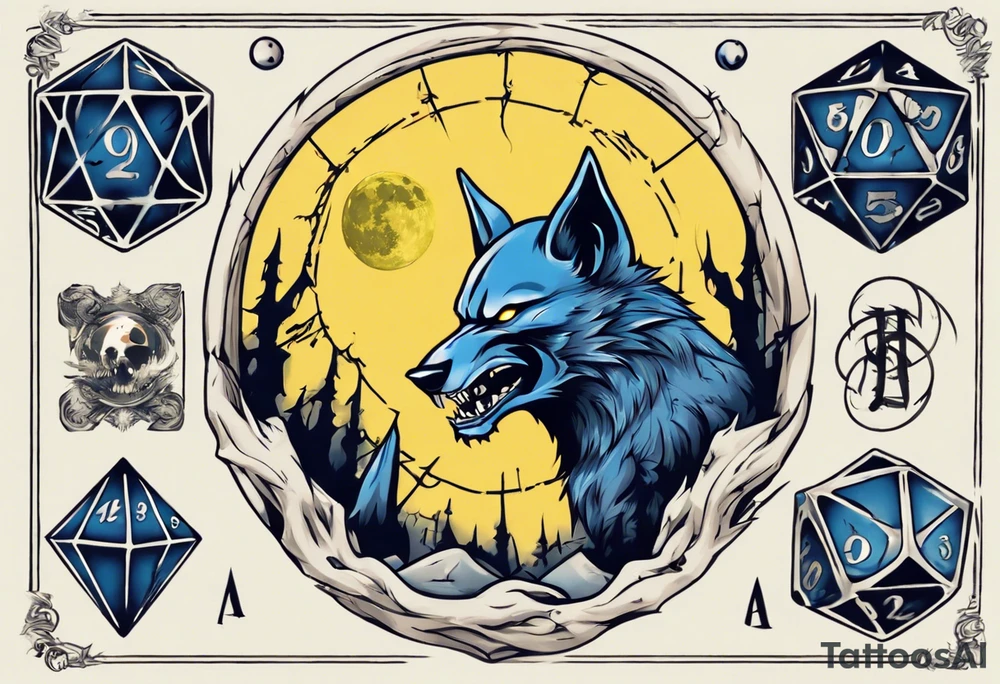 A large 20 sided Dice in the center with numbers and wolverine claw marks framing the area underneath the dice and a werewolf howling at the moon in the background, and blue and yellow faded background color tattoo idea