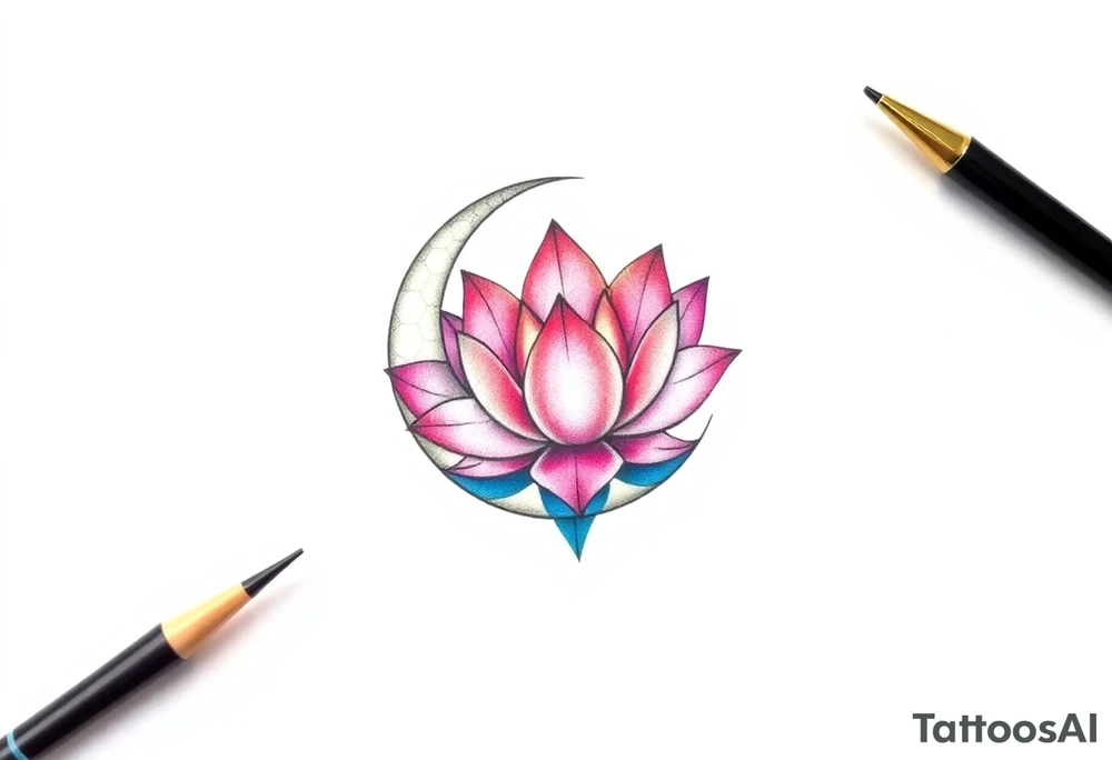 small colorful crescent moon with lotus flower tattoo idea