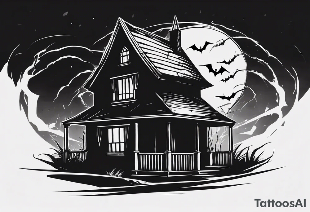 Create a tattoo design featuring a small house with a sinister, pointy roof, enveloped in a dark atmosphere. Include a black demonic figure lifting the roof, peering out into the surroundings with an ominous presence. tattoo idea