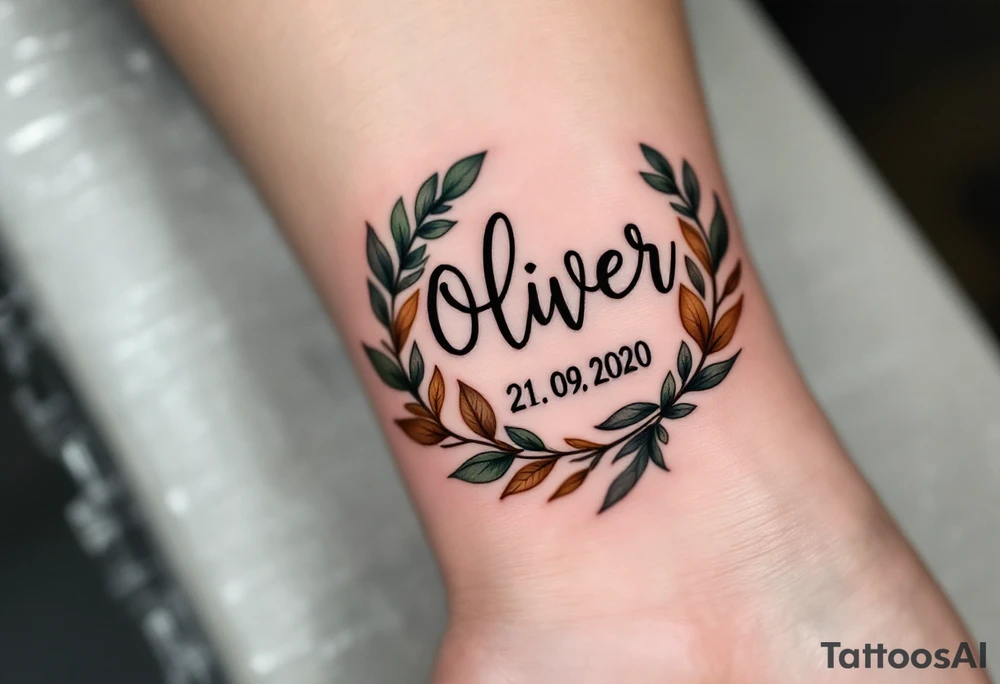 Oliver 21. 09. 2020) – Muted green and earthy brown leaves surrounding Oliver's birthdate, in a rustic font. tattoo idea