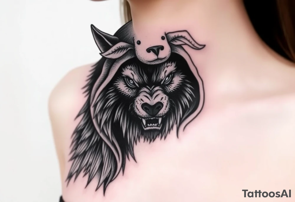 Big bad wolf nursery rhyme wearing a sheep costume with sheep head hood to kill and eat the three little pigs and little red riding hood tattoo idea