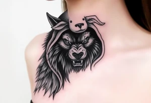 Big bad wolf nursery rhyme wearing a sheep costume with sheep head hood to kill and eat the three little pigs and little red riding hood tattoo idea