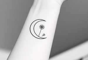 Small black and white tattoo waxing crescent moon with small Daisy birth flower and tiny Leo gliph tattoo idea