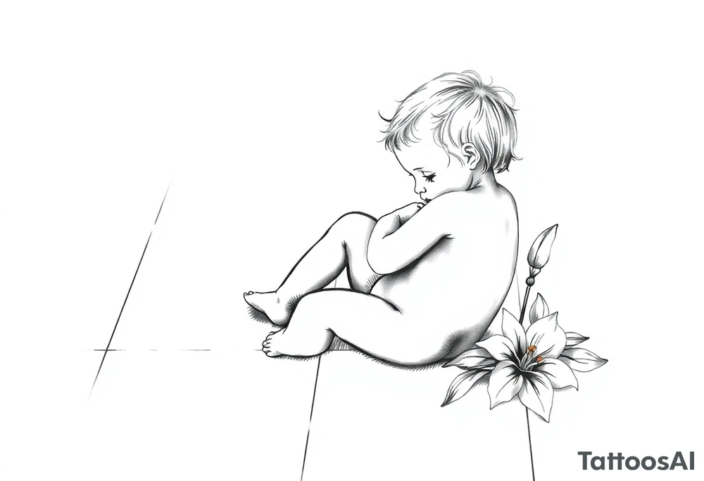 A simple tile floor with a minimalist outline of a curled up child sitting on the floor with a lily next to her tattoo idea
