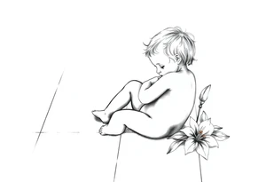 A simple tile floor with a minimalist outline of a curled up child sitting on the floor with a lily next to her tattoo idea