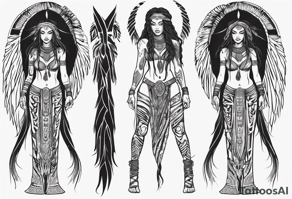 African female valkyre full body angelic
slim face long braided hair descending tattoo idea
