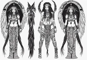 African female valkyre full body angelic
slim face long braided hair descending tattoo idea